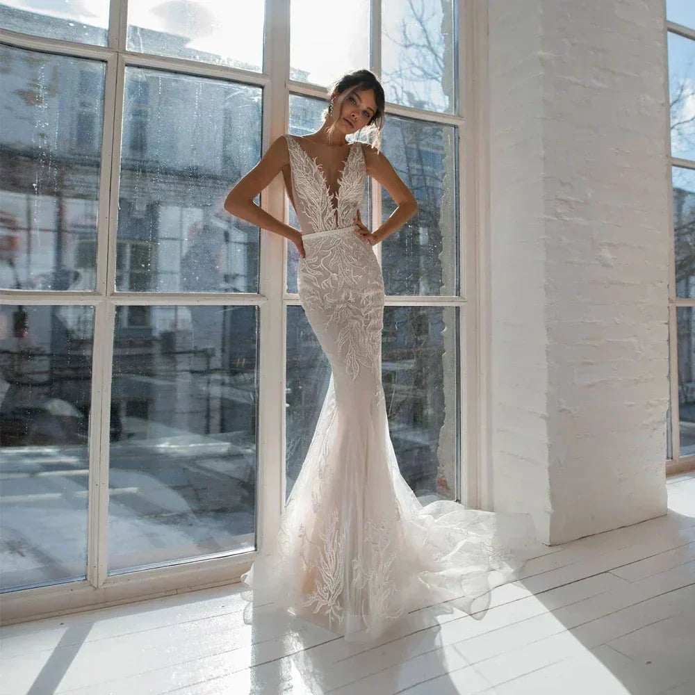 Sexy V-Neck Wedding Dresses Mermaid With Sashes Sleeveless Backless Lace Applique Bridal Gowns 2022 Custom Made Vestido De Noiva by payinti