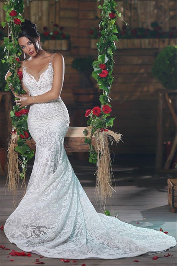 Sexy V-neck Mermaid Beach Wedding Dresses Long Unique Lace Ope Back Tulle Straps Bridal Gowns
