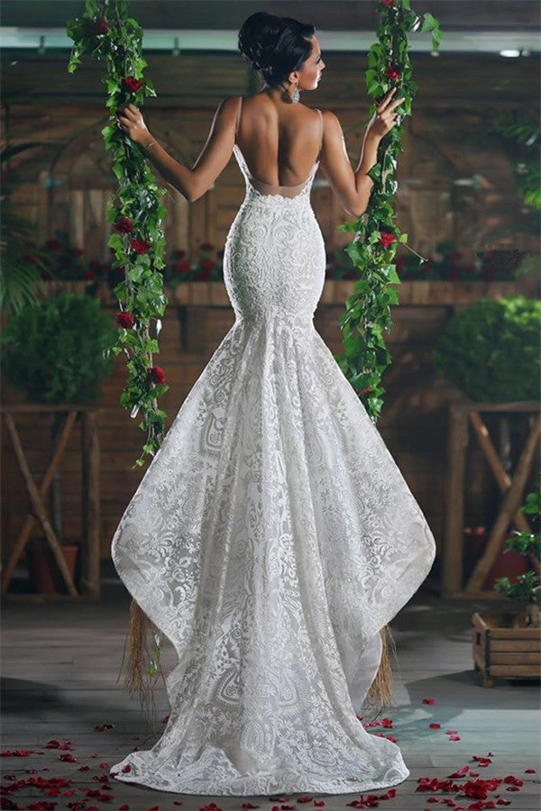 Sexy V-neck Mermaid Beach Wedding Dresses Long Unique Lace Ope Back Tulle Straps Bridal Gowns