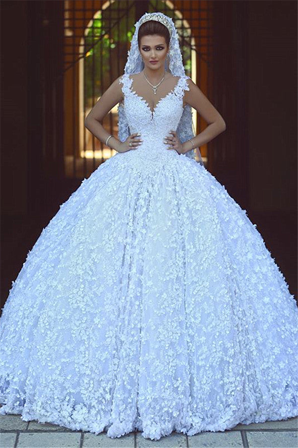 Sexy V-neck Straps Lace Wedding Dresses | Sleeveless Ball Gown Bridal Gowns  with Appliques