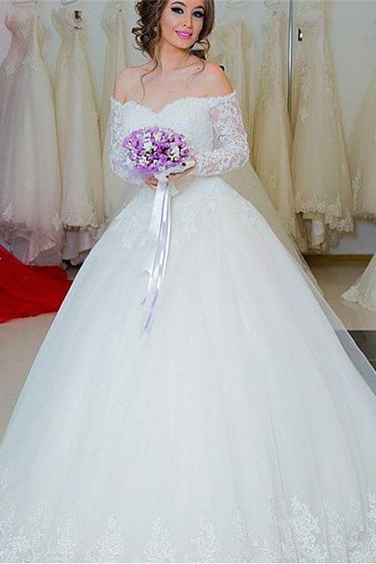 Sexy White Lace Long Sleeve Wedding Dress  Ball Gown Bridal Dress