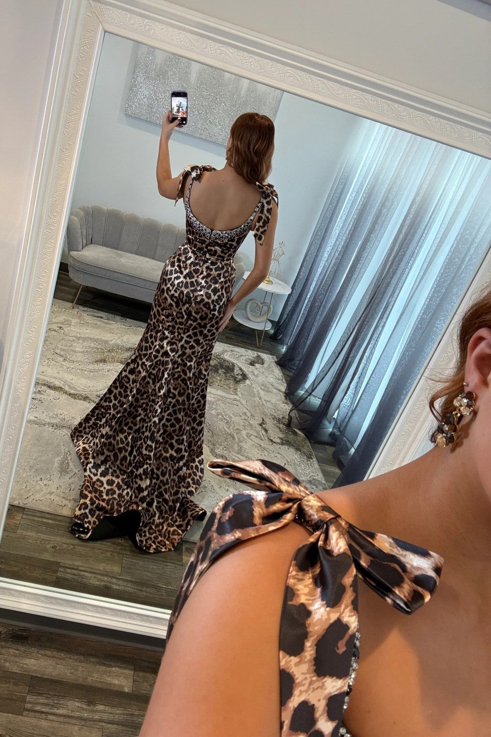 Hot Mermaid Spaghetti Straps Brown Leopard Printed Long Prom Dress with Beading - View 2 | VelvetHem