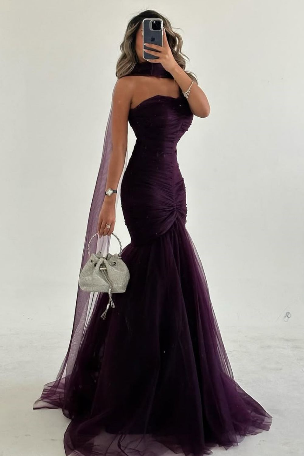 Sexy Mermaid Dark Purple Strapless Long Tulle Prom Dress with Ribbon
