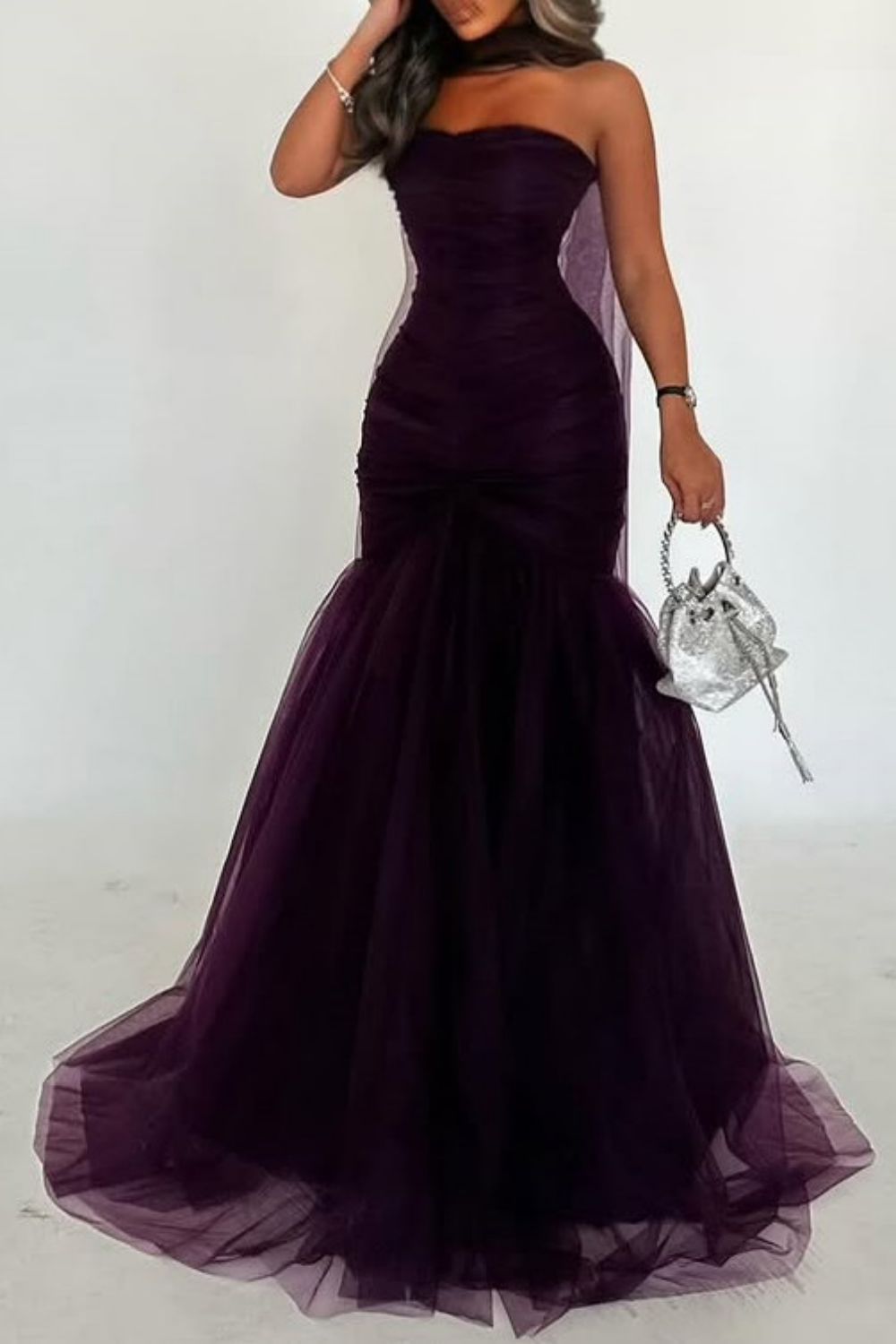 Sexy Mermaid Dark Purple Strapless Long Tulle Prom Dress with Ribbon