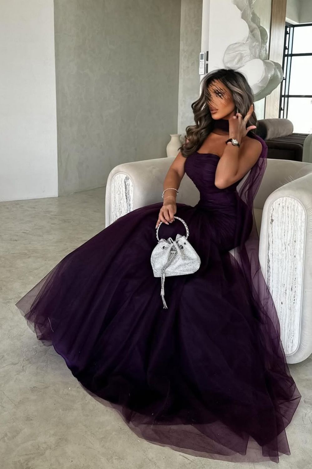 Sexy Mermaid Dark Purple Strapless Long Tulle Prom Dress with Ribbon