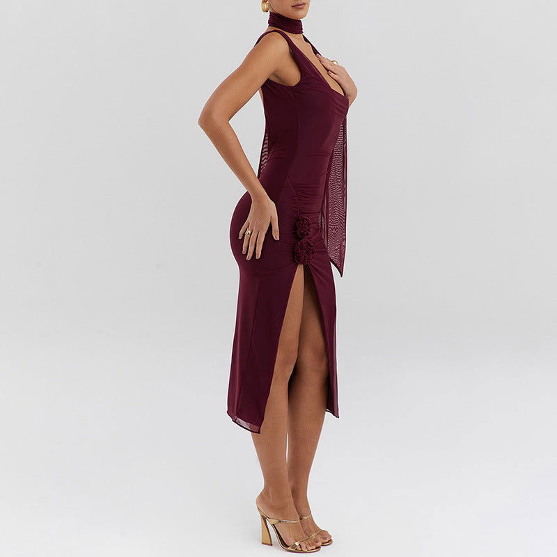 Trend Mesh Stitching Swing Collar Sleeveless Split Backless Hip Dress