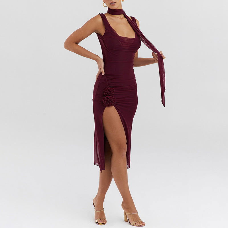 Trend Mesh Stitching Swing Collar Sleeveless Split Backless Hip Dress