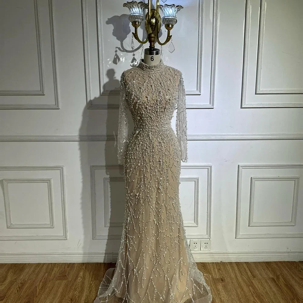 Zapdress 2025 Luxury Saudi Arabic Pearls Beaded Nude Mermaid Evening Dresses For Wedding Occasion DLA72345A Customized (ZD17310)