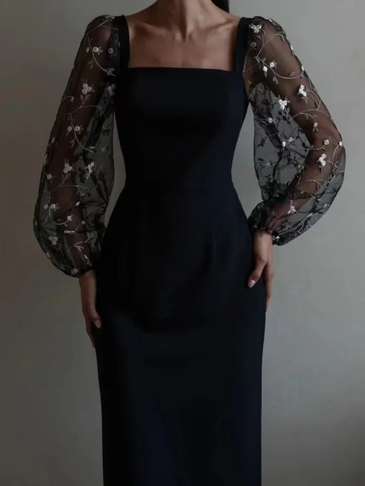 Isabella Boutique Evening and Party Dress with Square Neckline and Long Sleeves Premium Wardrobe Essential