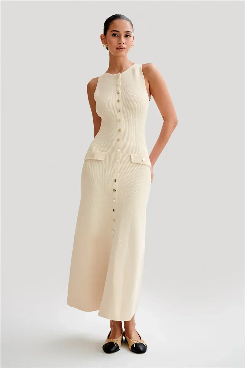Knit Maxi Dress with Pockets Button - Front