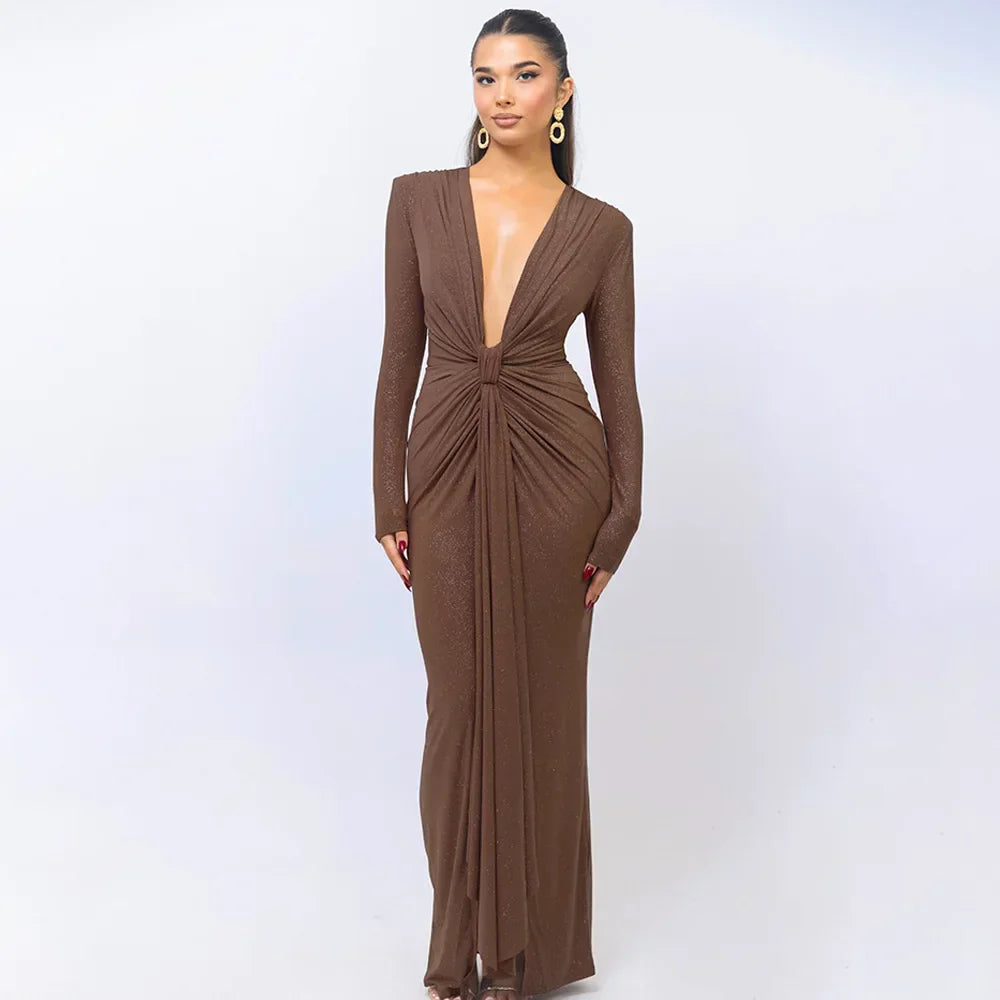 Elastic Deep V - Fold Lace Maxi Dress