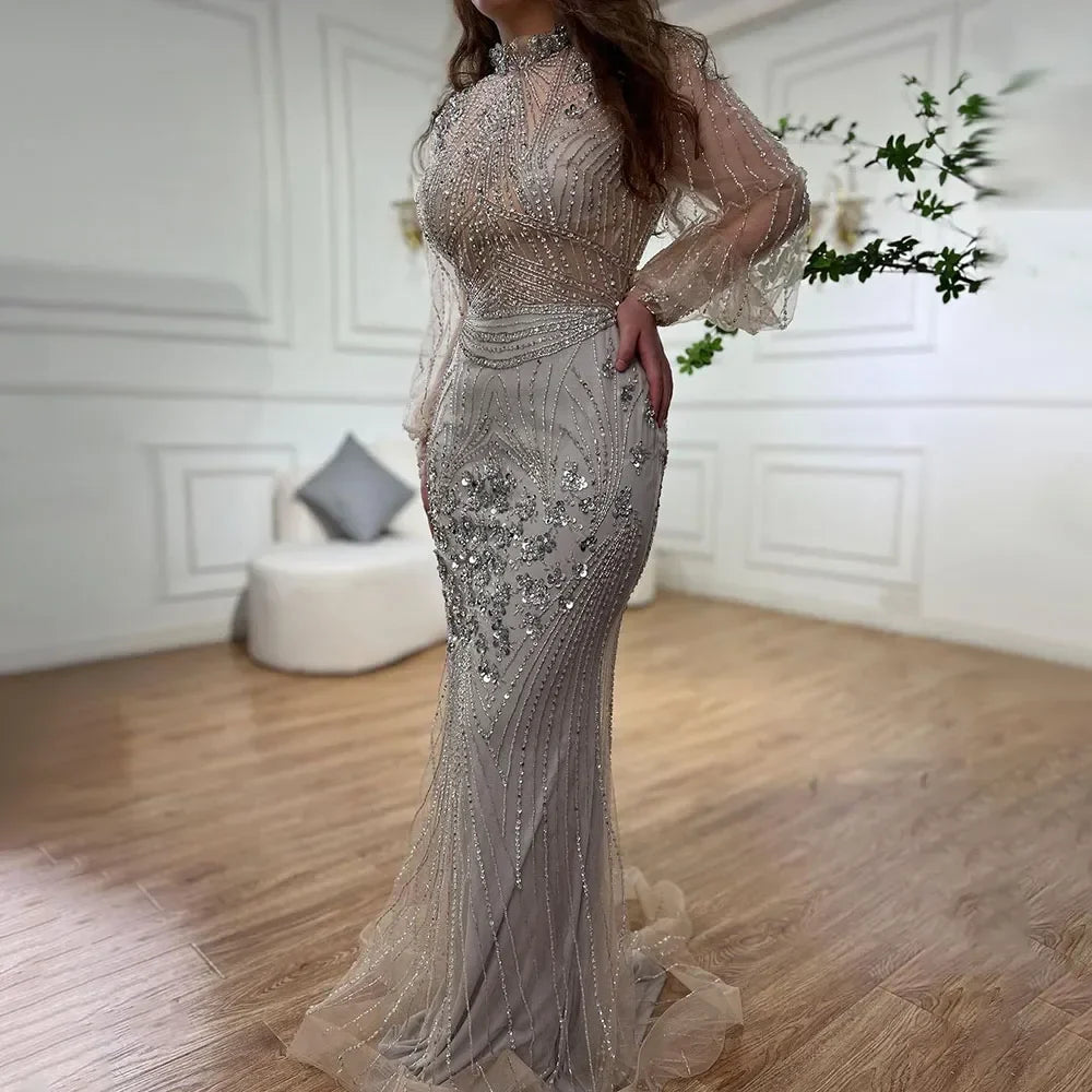 Zapdress Customized Silver Beaded Mermaid Evening Dresses 2025 Full Sleeves Elegant Party Gowns For Women (ZD17179)