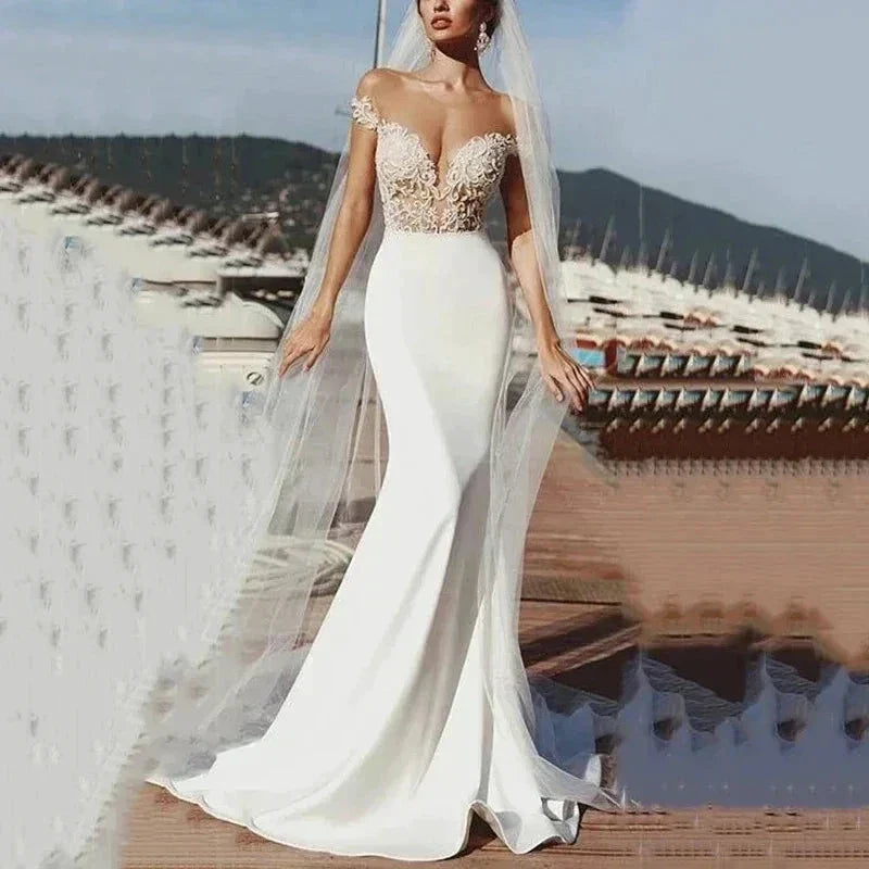 Vintage Lace Applique Wedding Dresses Sexy Off The Shoulder Mermaid Ball Gowns Empire Satin  Formal Bridal Beach Party Vestidos (ZD14084)