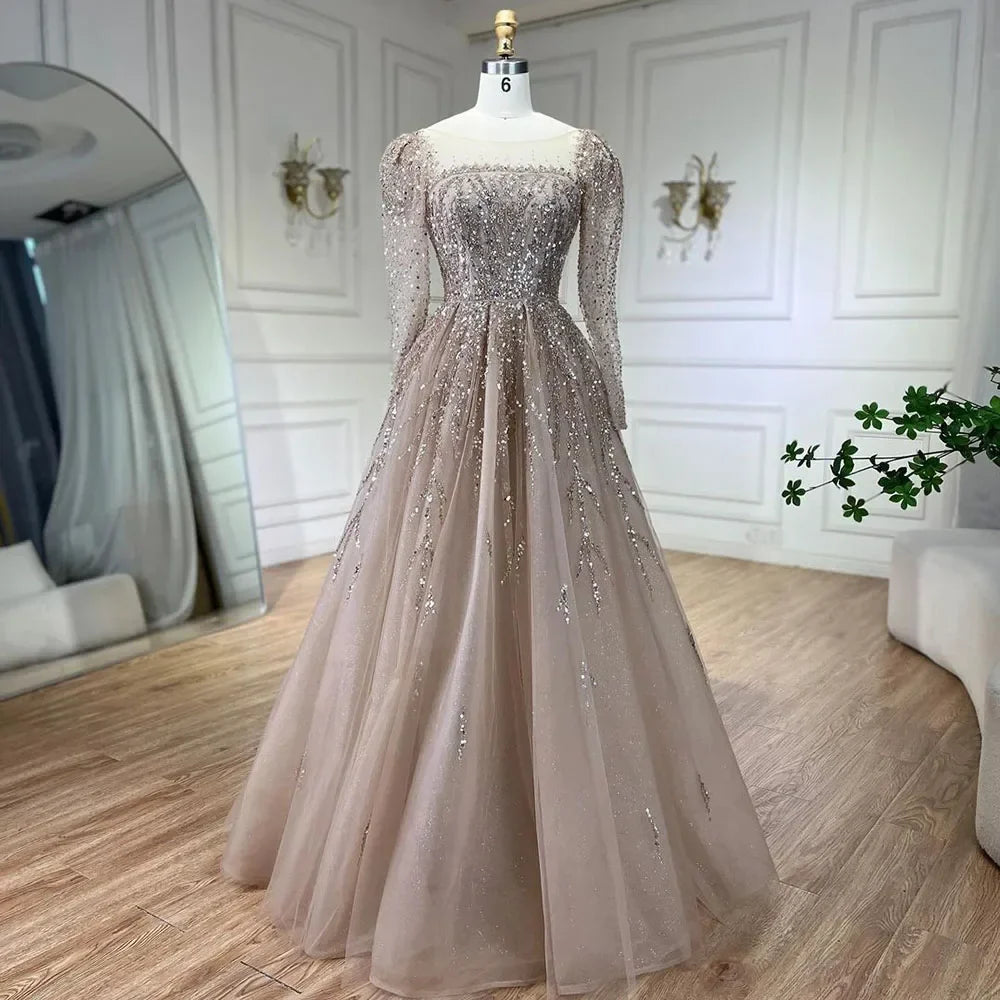 Zapdress Customized Pink Long Sleeves A Line Beaded Dubai Evening Dresses Party Gowns 2025 For Women Wedding (ZD17248)