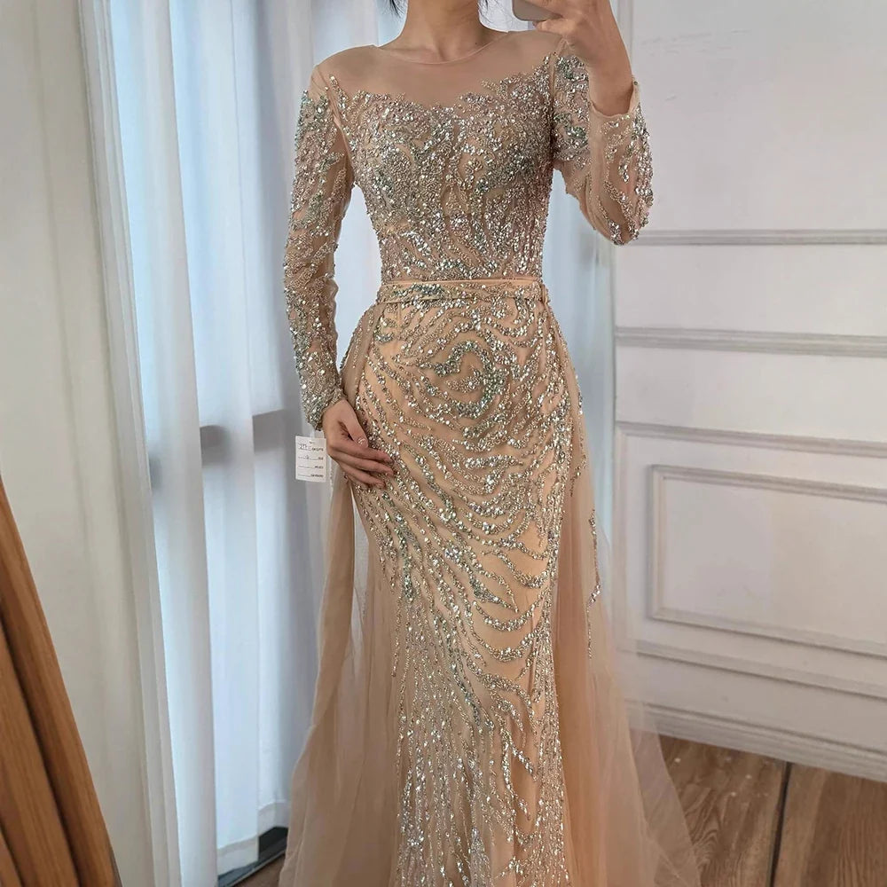 Zapdress Nude Mermaid Long Sleeve Evening Dress with Overskirt Luxury Beaded Wedding Party Gown for Women Customized (ZD17389)