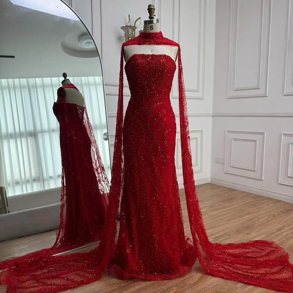 Zapdress Red Mermaid Detachable Cape Sleeves Evening Dresses with Lace Up Back Party Gowns for Women DLA72824 Customized (ZD17177)