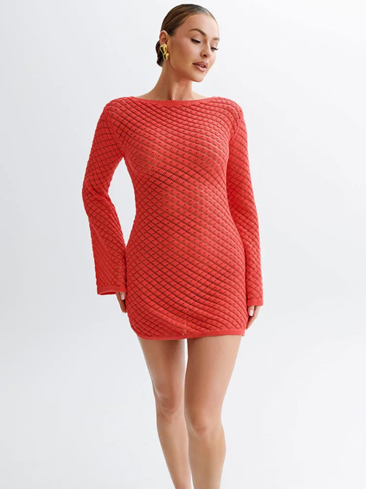 O - Neck Long Sleeve Knit Mini Dress