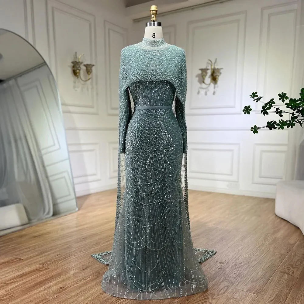 Zapdress Customized Muslim Hijab Sage Green Long Sleeves Evening Dresses with Cape Dubai 2024 Party Gowns For Women LA72032M (ZD17199)