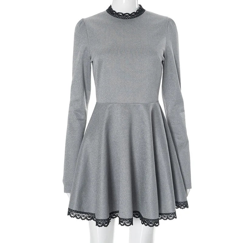 Patchwork Gray Long Sleeve A - line Mini Dress