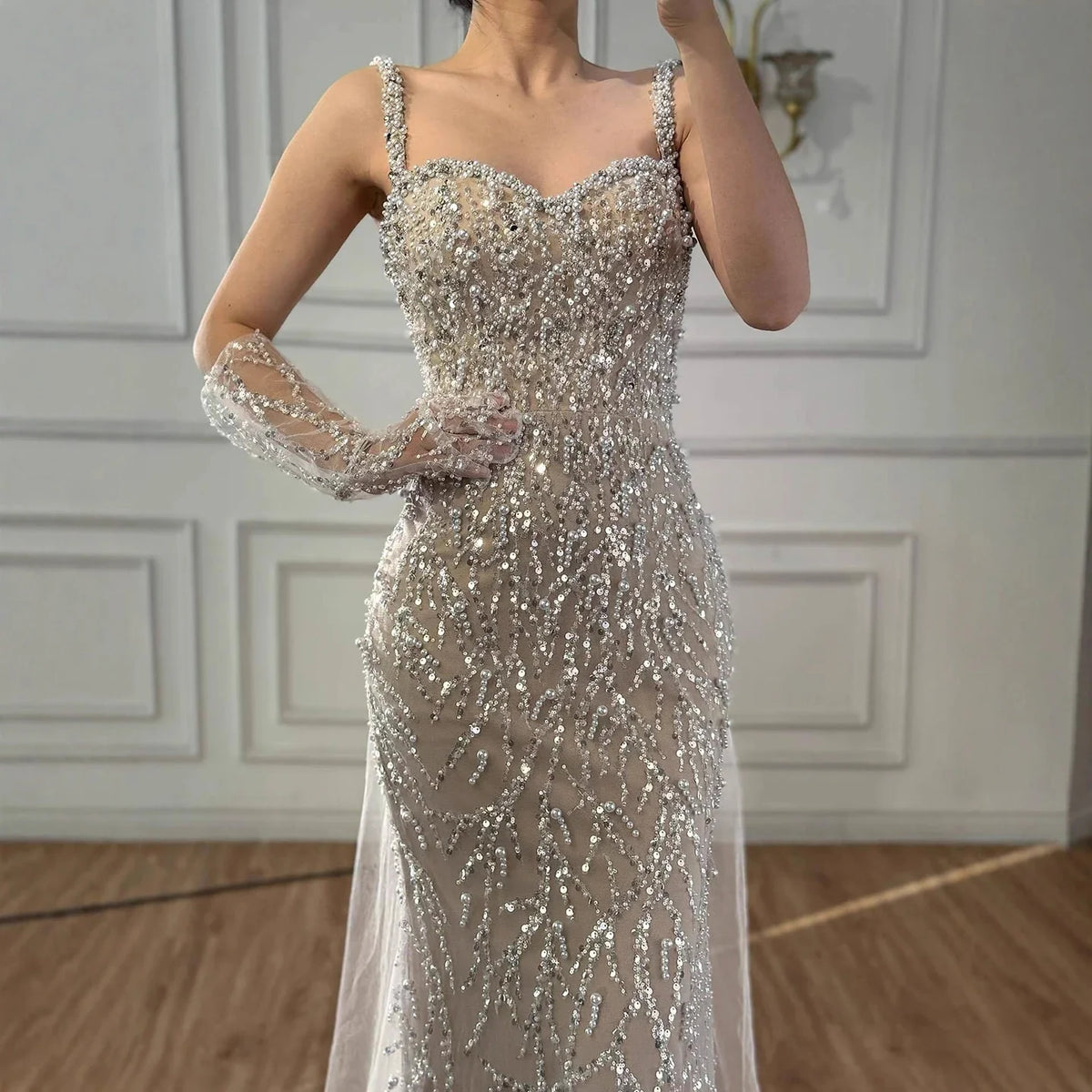 Zapdress White Nude Mermaid Pearls Evening Dresses with Gloves Wedding Party Gowns for Women 2026 Customized DLA72345E (ZD17304)