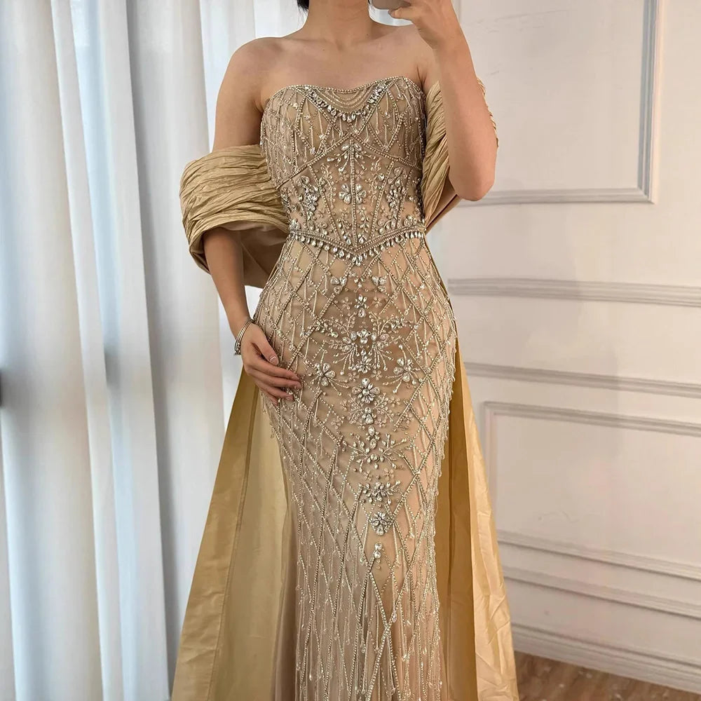 Zapdress Nude Strapless Off Shoulder Mermaid Overskirt Evening Dress Beaded Party Gowns for Women 2025 Customized (ZD17226)