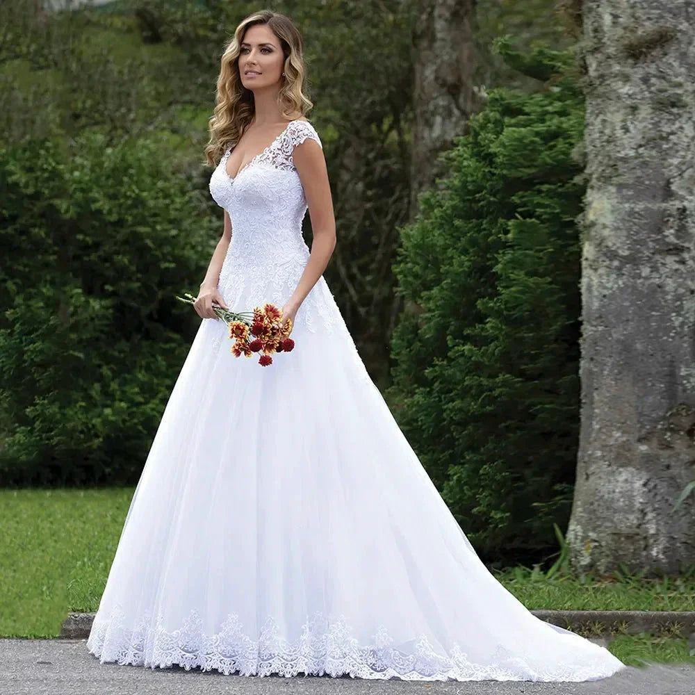 Pure White Wedding Dress Elegant Cap Sleeve Vestido De Noiva Sexy V Neck Lace Vestidos De Novia (ZD14016)