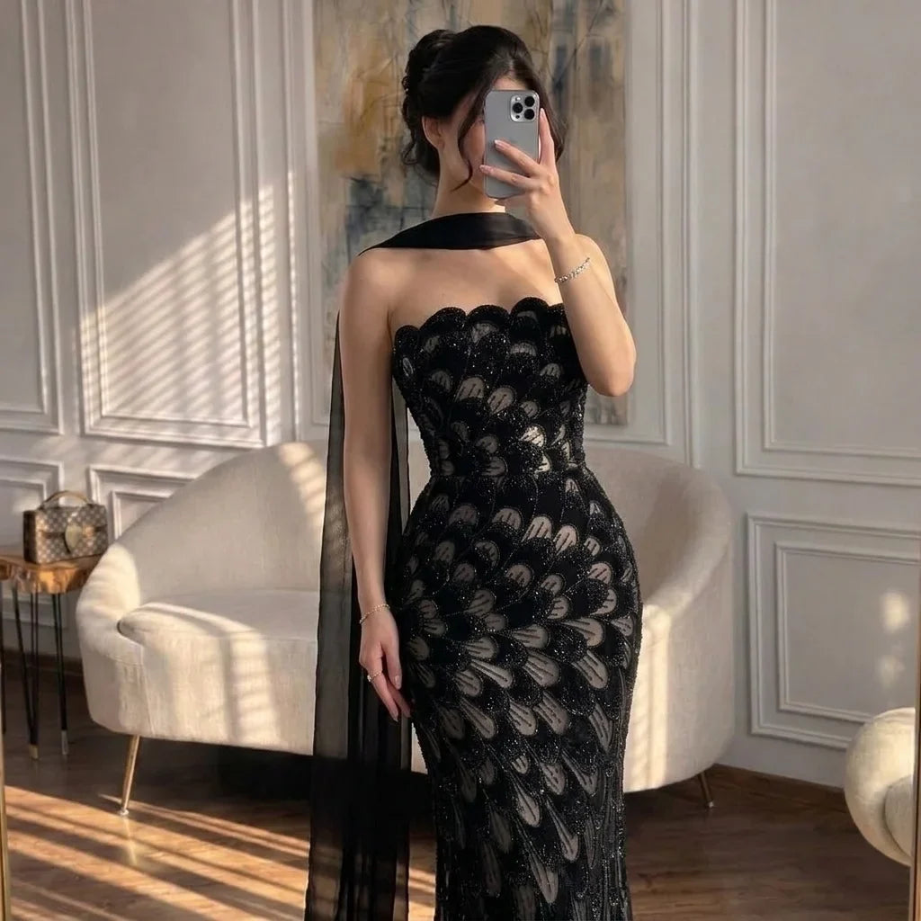 Zapdress 2026 Black Strapless Mermaid Evening Dress with Scarf Elegant Formal Party Gowns for Women DLA73607 Customizedf (ZD17227)