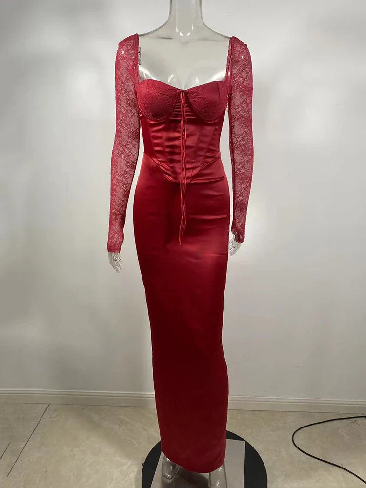 Square Collar Lace - Up Backless Long Sleeve Maxi Dress