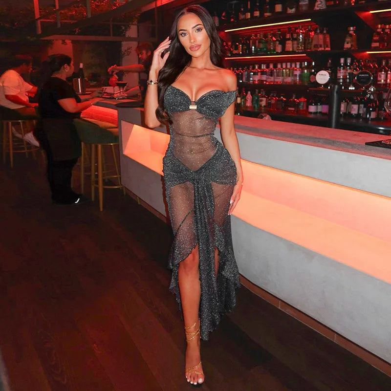 Mesh Ruffled Gray Off - shoulder Long Dress