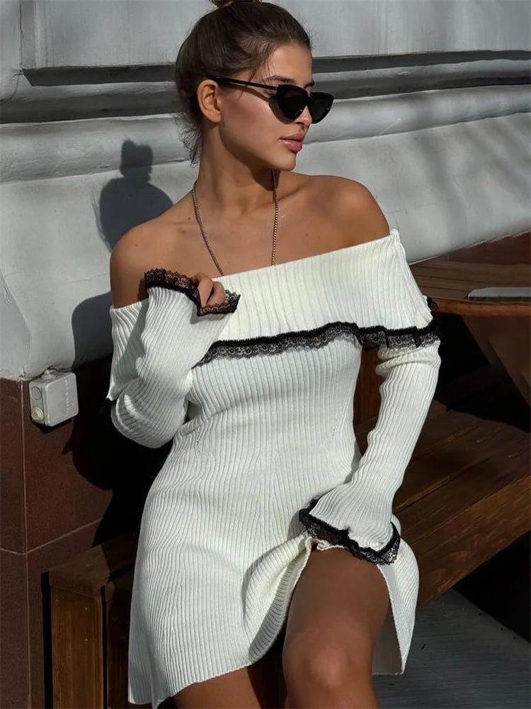 Knit Off Shoulder Sweater Mini Dress Women's Lace Patchwork Ribbed Slim Backless Elegant Party Dress Knitwear Mini Dress