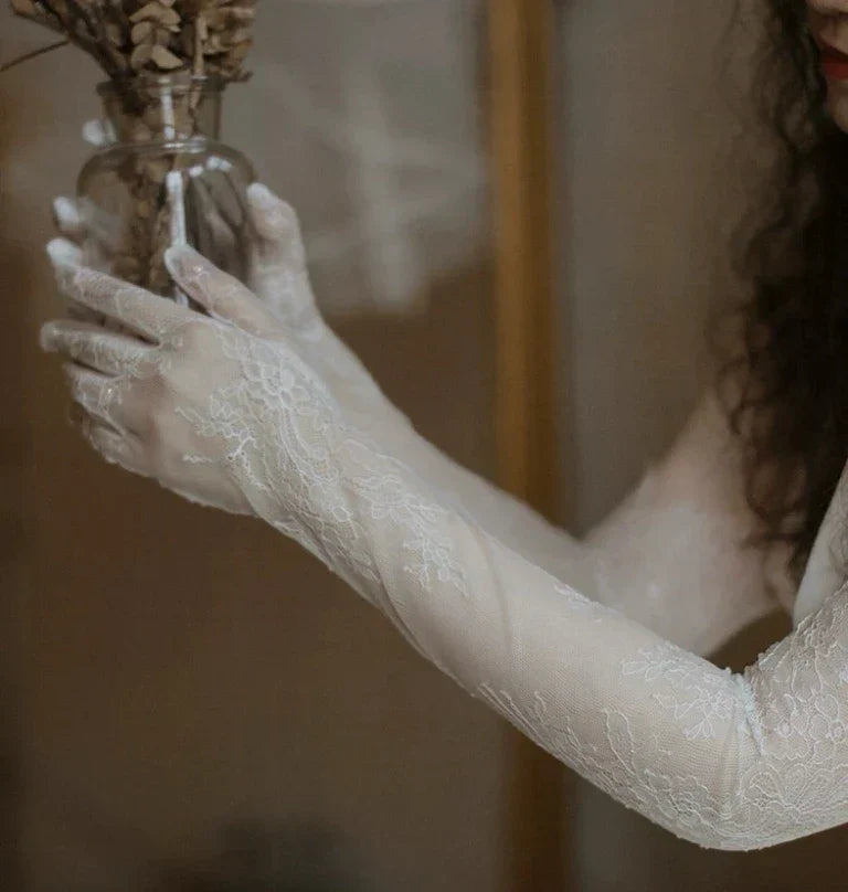 Lace Long Bridal Gloves Flower Wristband Pearl Wedding Glove For Women Girl Party Evening Dress Jewelry Brides Accessories