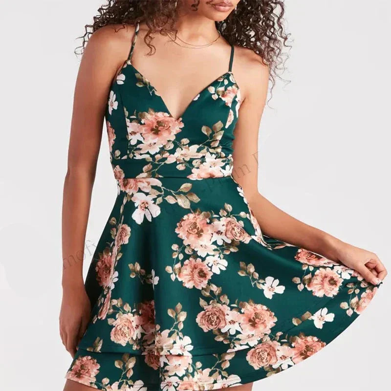 Amanie Minimalist Green Floral Pattern Cocktail Dress Elevated Occasion Wear