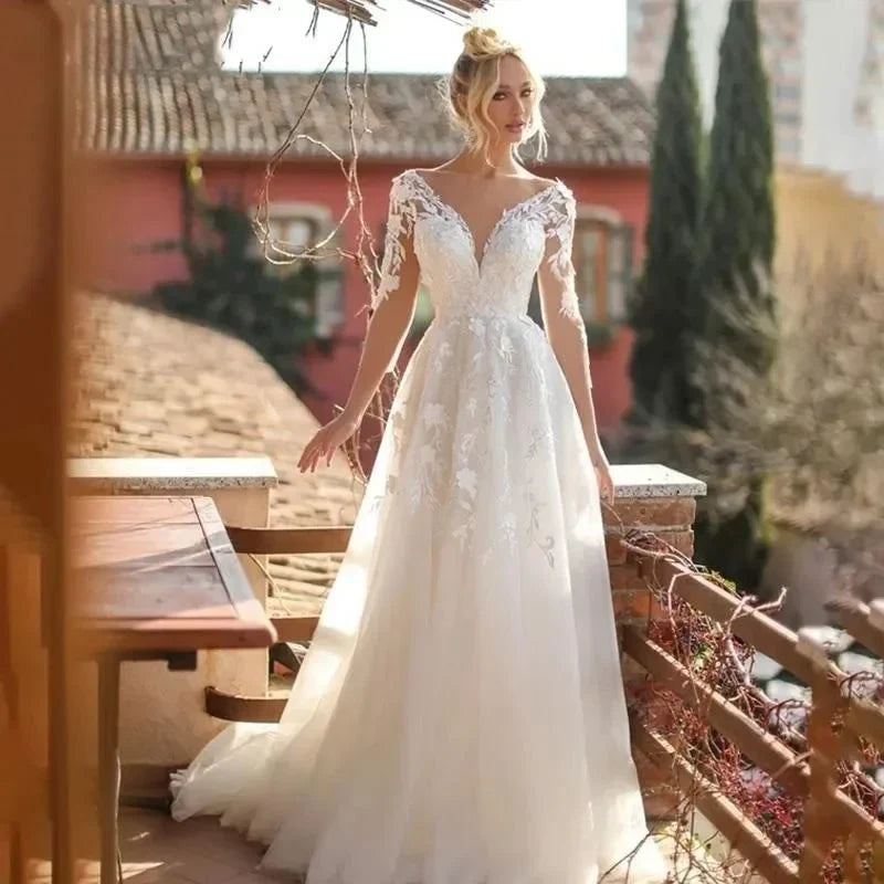 Elegant Wedding Dresses V-Neck Long Sleeves Lace Appliques Vestido De Noiva Backless Tulle Vestidos De Novia (ZD14077)