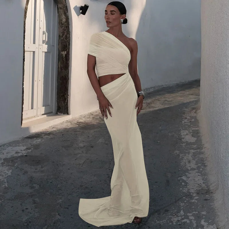 Mesh Backless One - Shoulder Long Dress