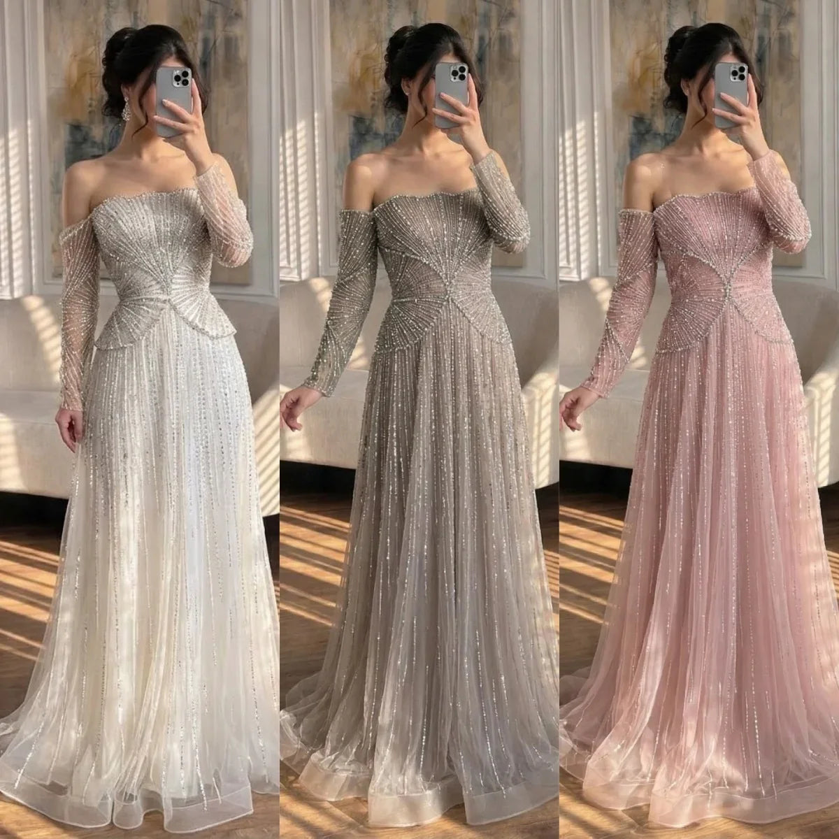 Zapdress Customized Off Shoulder Long Sleeves A-line Prom Dress for Women Formal Wedding Party Evening Gowns (ZD17263)