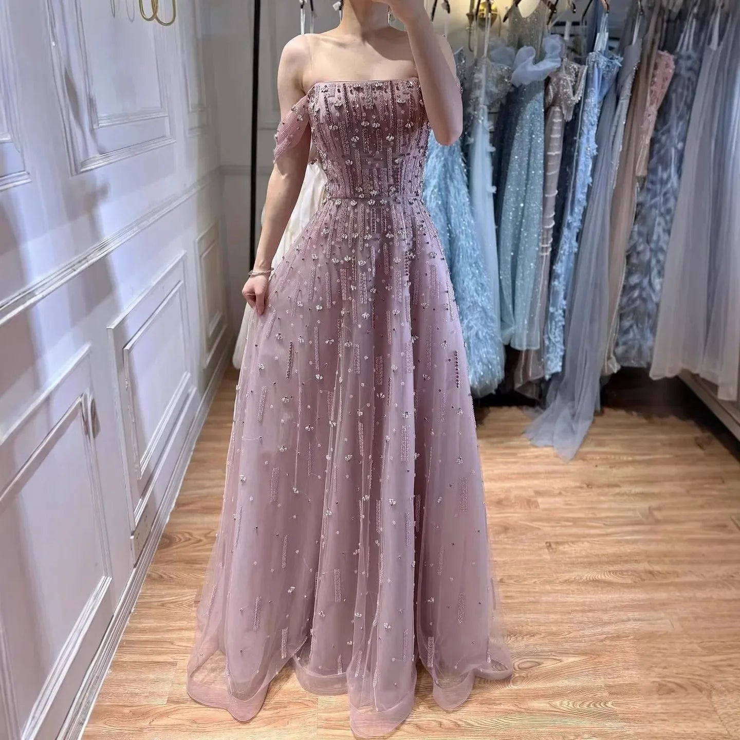 Zapdress Caramel A-Line Beaded Evening Gown Off Shoulder Formal Party Prom Dress Robe de Soirée 2026 Customized (ZD17268)