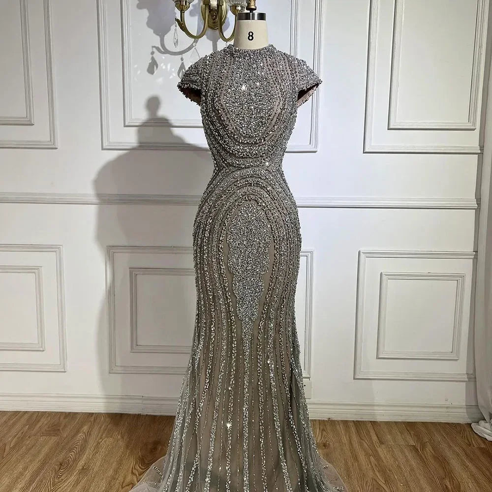 Zapdress Gray Nude Cap Sleeves Mermaid Beaded Luxury Evening Dresses Formal Party Gowns for Women DLA72344 Customized (ZD17204)