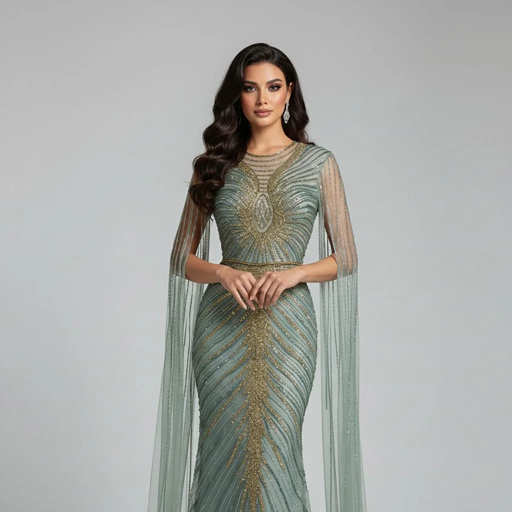 Zapdress Luxury Beaded Mermaid Evening Dresses with Cape Sleeves Caramel Formal Party Gown for Women Customized (ZD17180)