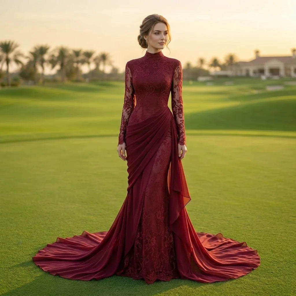 Zapdress Customized Wine Red Mermaid Evening Dresses with Wrap Skirt High-End Lace Formal Party Gowns for Women (ZD17283)