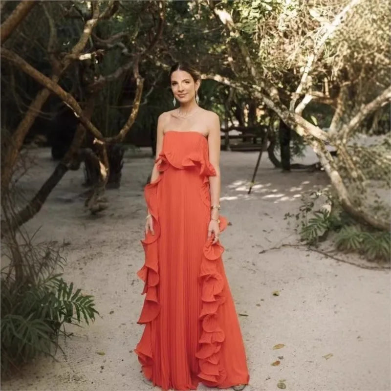 Pleated Chiffon Long Ruffled Strapless Dress
