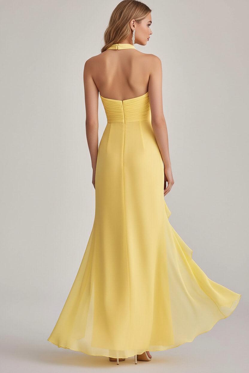 Sheath Chiffon Light Yellow Halter Neck Long Formal Dress