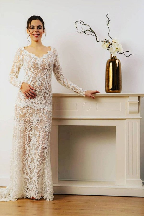 Sheath Lace Long Sleeves Beach Wedding Dress Online