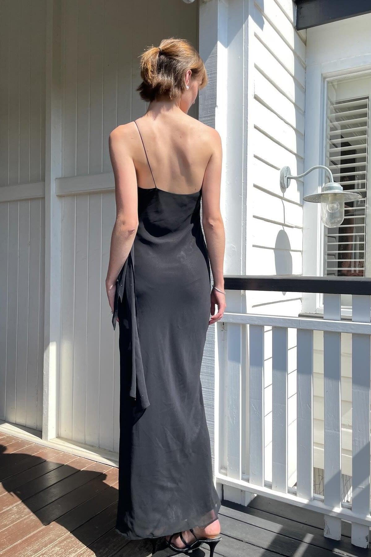 Sheath One Shoulder Black Floor Length Party Dress With Ruffles Formal Evening Gown