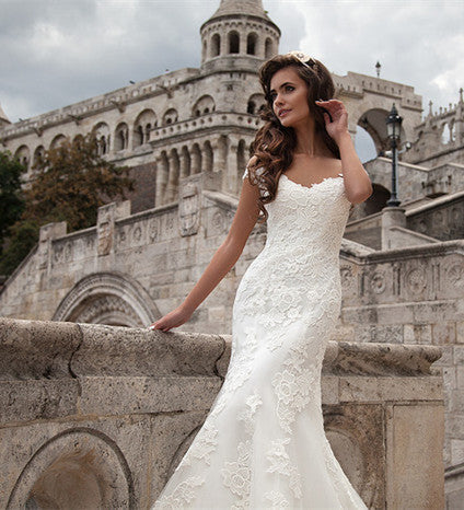 Sheath Sheer Top Wedding Dresses  Lace Court Train Bridal Gowns with Buttons  EDE008