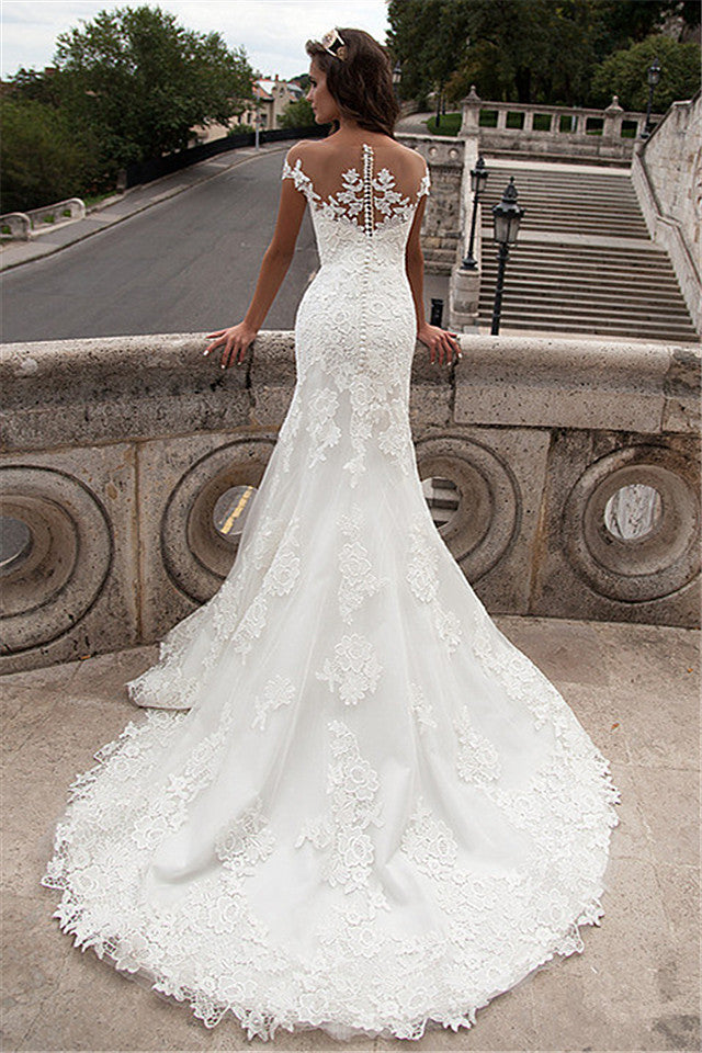 Sheath Sheer Top Wedding Dresses  Lace Court Train Bridal Gowns with Buttons  EDE008