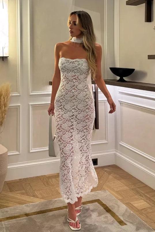 Suzhoufashion Sheath Strapless White Lace Tea Length Party Dress Formal Evening Gown