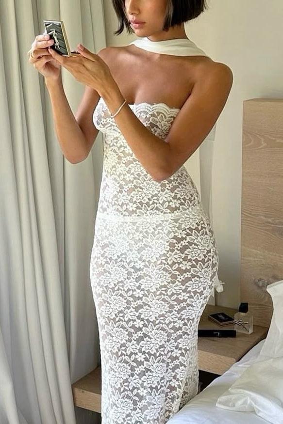 Suzhoufashion Sheath Strapless White Lace Tea Length Party Dress Formal Evening Gown