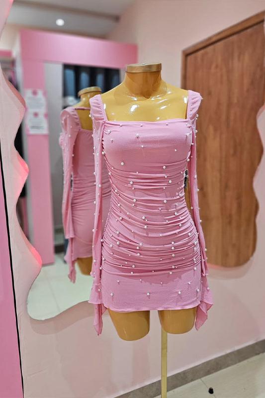 Suzhoufashion Sheath Tulle Pleated Tight Homecoming Dress with Pearls