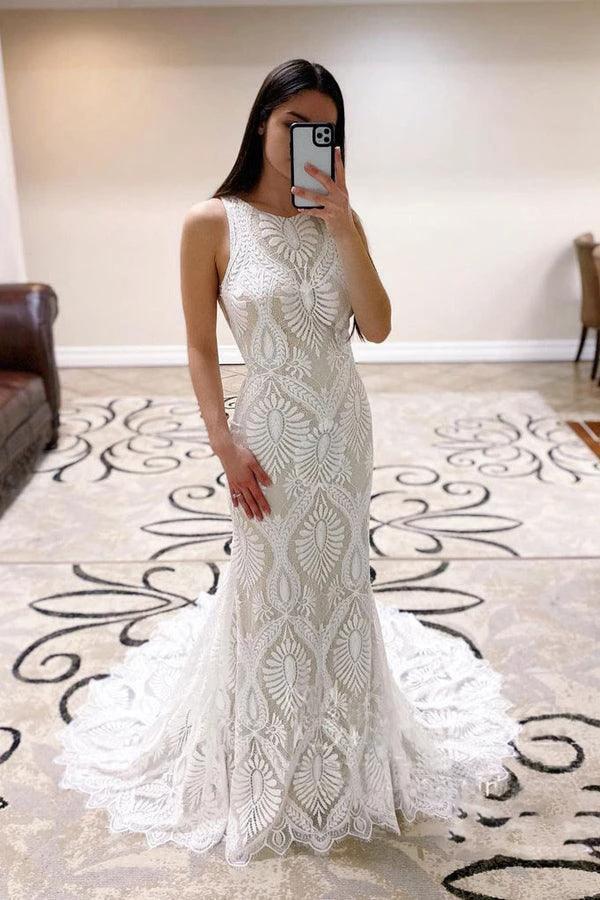 Sheath Lace Wedding Dress open Back Bridal Dress With Court Train (ZD16214)