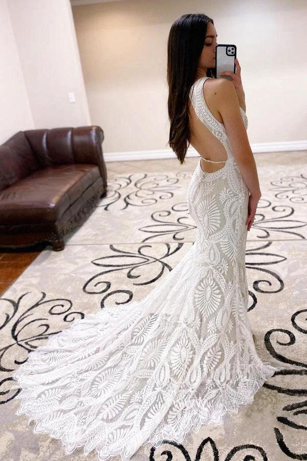 Sheath Lace Wedding Dress open Back Bridal Dress With Court Train (ZD16214)